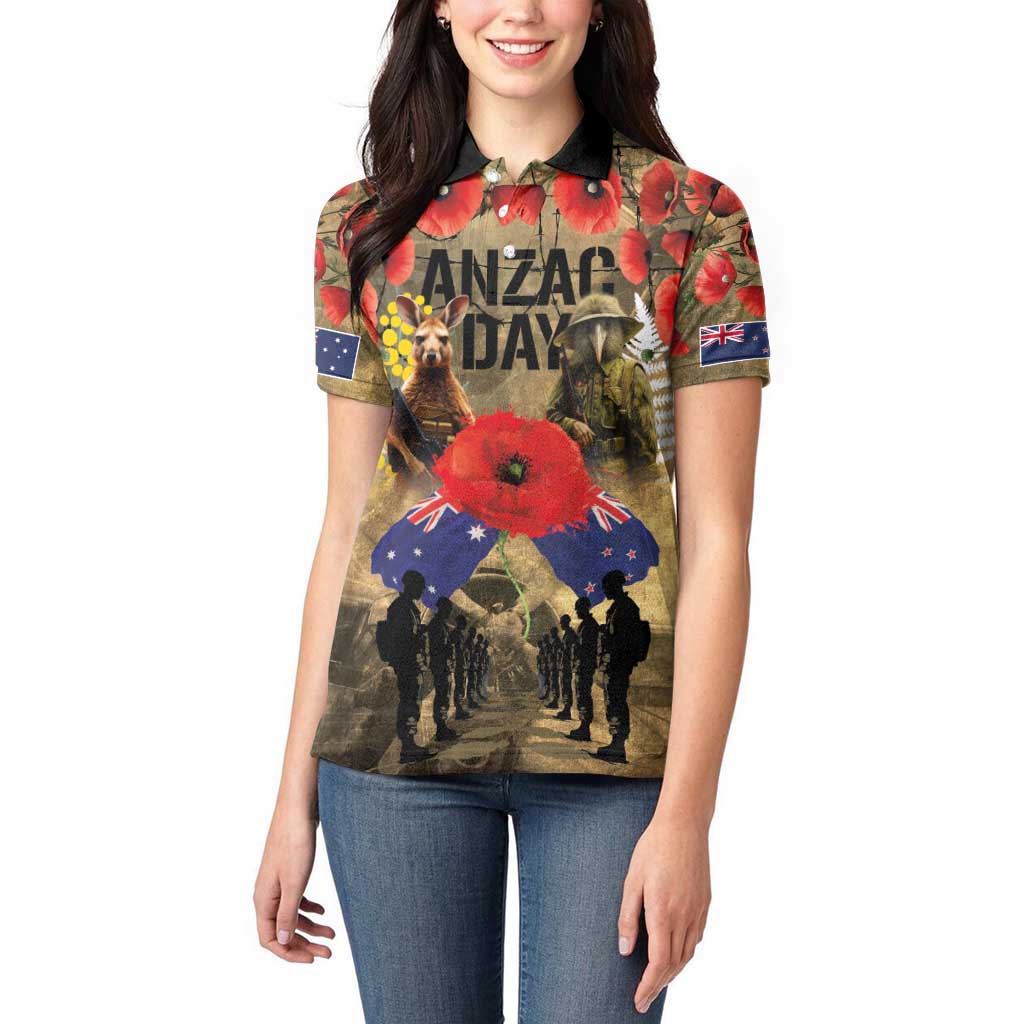 Australia and New Zealand ANZAC Day Women Polo Shirt Kangaroo and Kiwi Bird Soldier-Honor and Remember Vintage Style