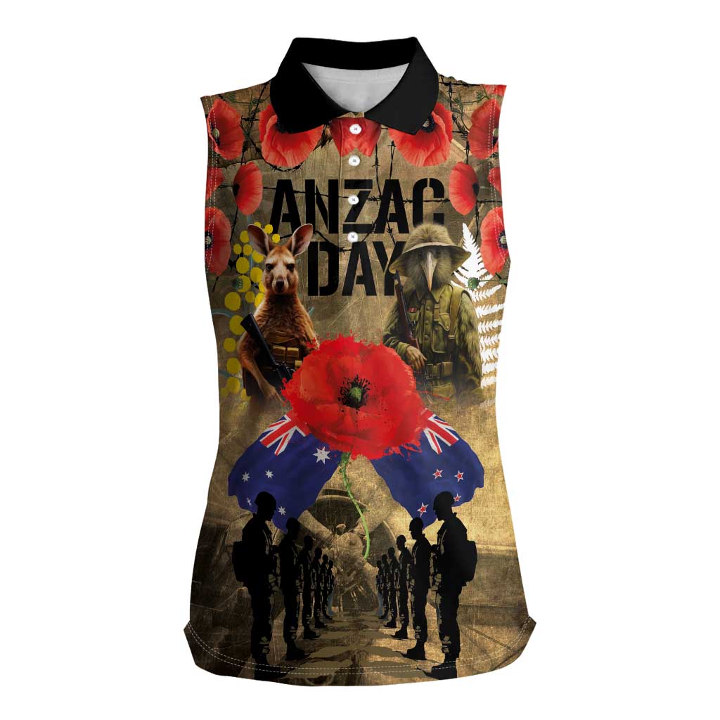 Australia and New Zealand ANZAC Day Women Sleeveless Polo Shirt Kangaroo and Kiwi Bird Soldier-Honor and Remember Vintage Style