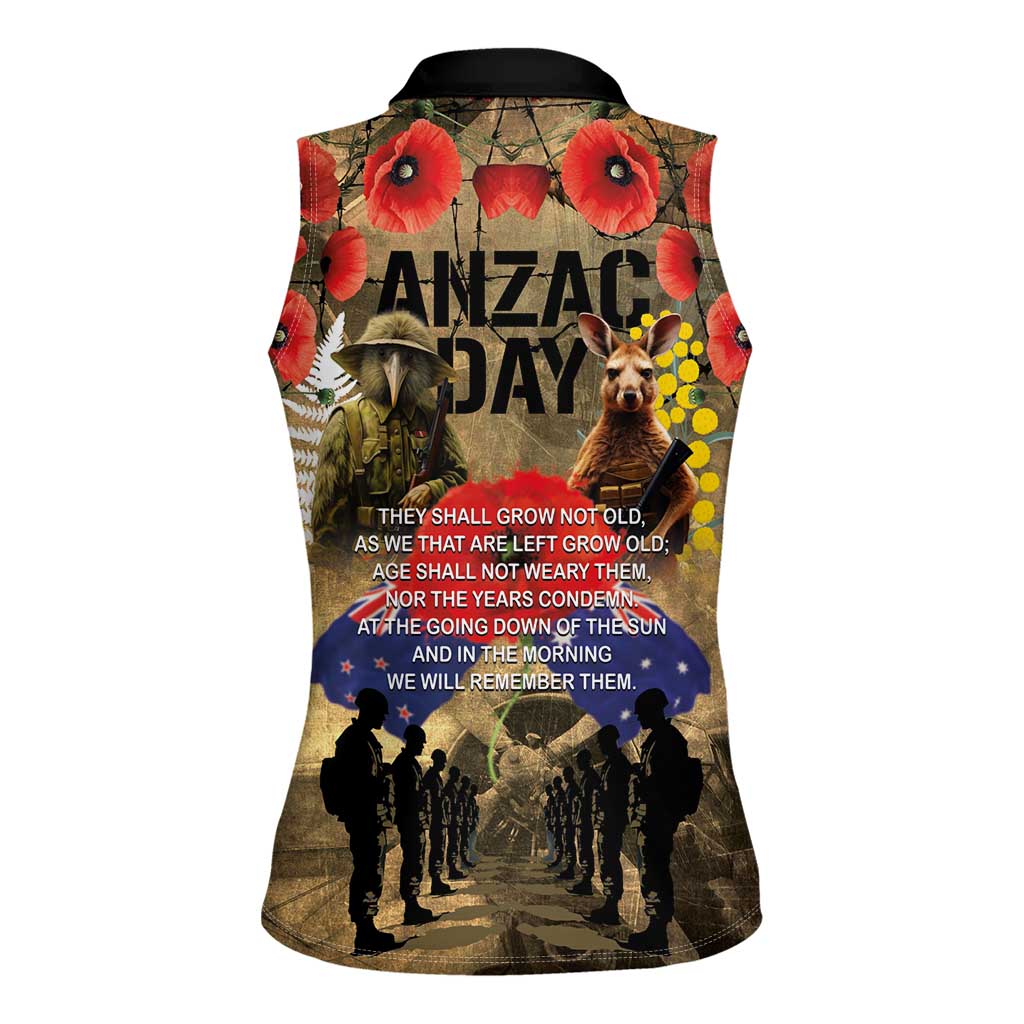 Australia and New Zealand ANZAC Day Women Sleeveless Polo Shirt Kangaroo and Kiwi Bird Soldier-Honor and Remember Vintage Style