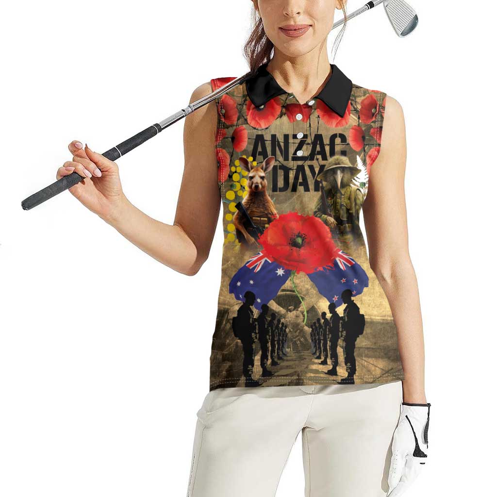 Australia and New Zealand ANZAC Day Women Sleeveless Polo Shirt Kangaroo and Kiwi Bird Soldier-Honor and Remember Vintage Style