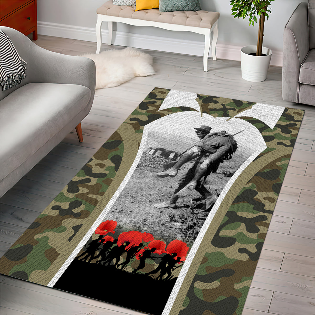 New Zealand and Australia ANZAC Day Area Rug Koala and Kiwi Bird Soldier Gallipoli Camouflage Style