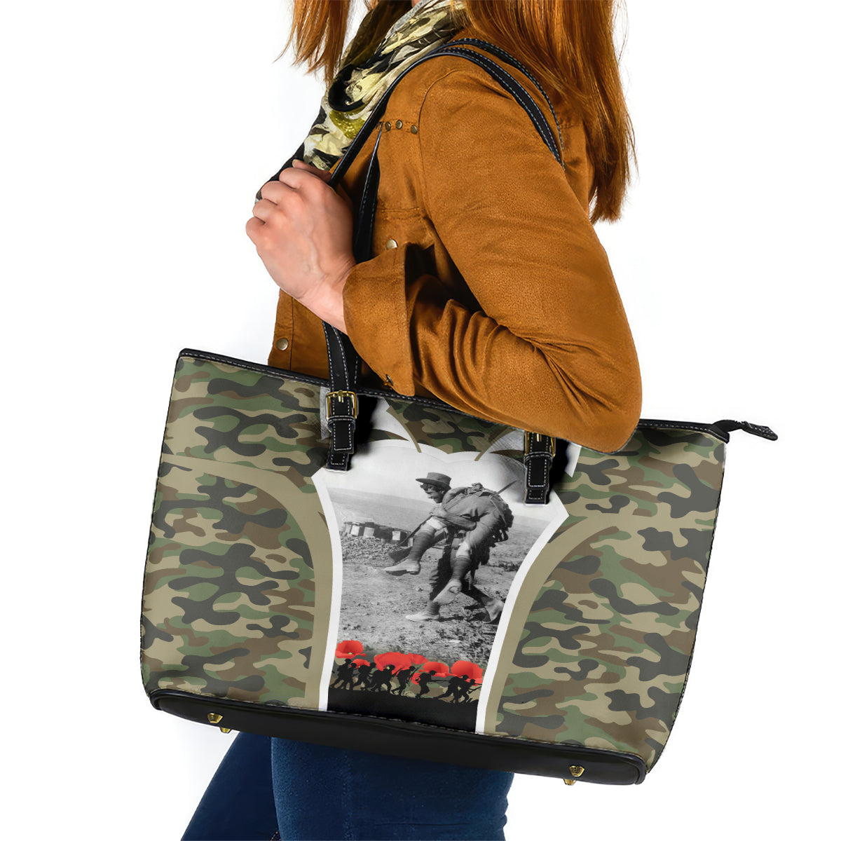 New Zealand and Australia ANZAC Day Leather Tote Bag Koala and Kiwi Bird Soldier Gallipoli Camouflage Style