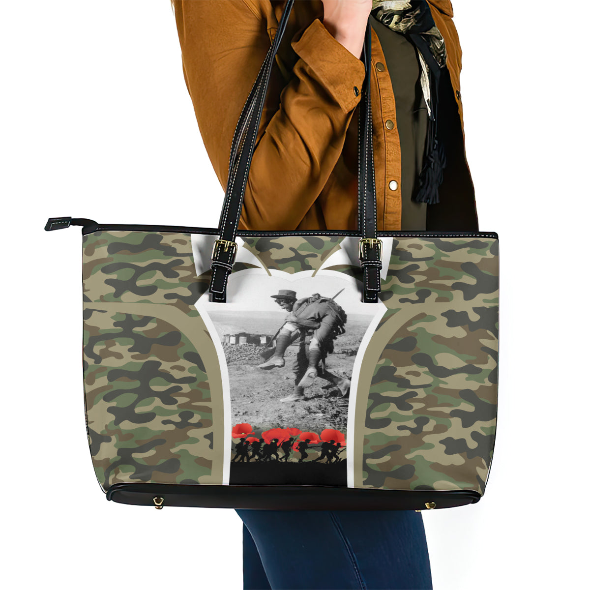 New Zealand and Australia ANZAC Day Leather Tote Bag Koala and Kiwi Bird Soldier Gallipoli Camouflage Style