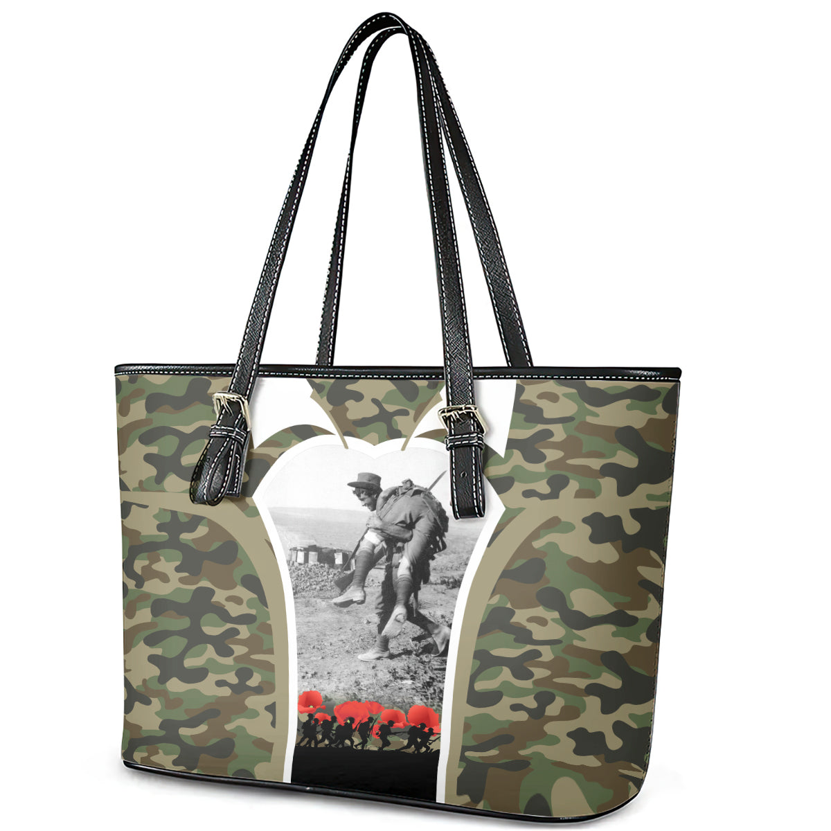 New Zealand and Australia ANZAC Day Leather Tote Bag Koala and Kiwi Bird Soldier Gallipoli Camouflage Style