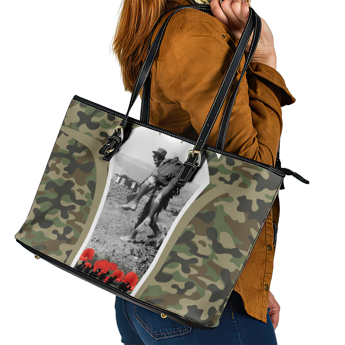 New Zealand and Australia ANZAC Day Leather Tote Bag Koala and Kiwi Bird Soldier Gallipoli Camouflage Style