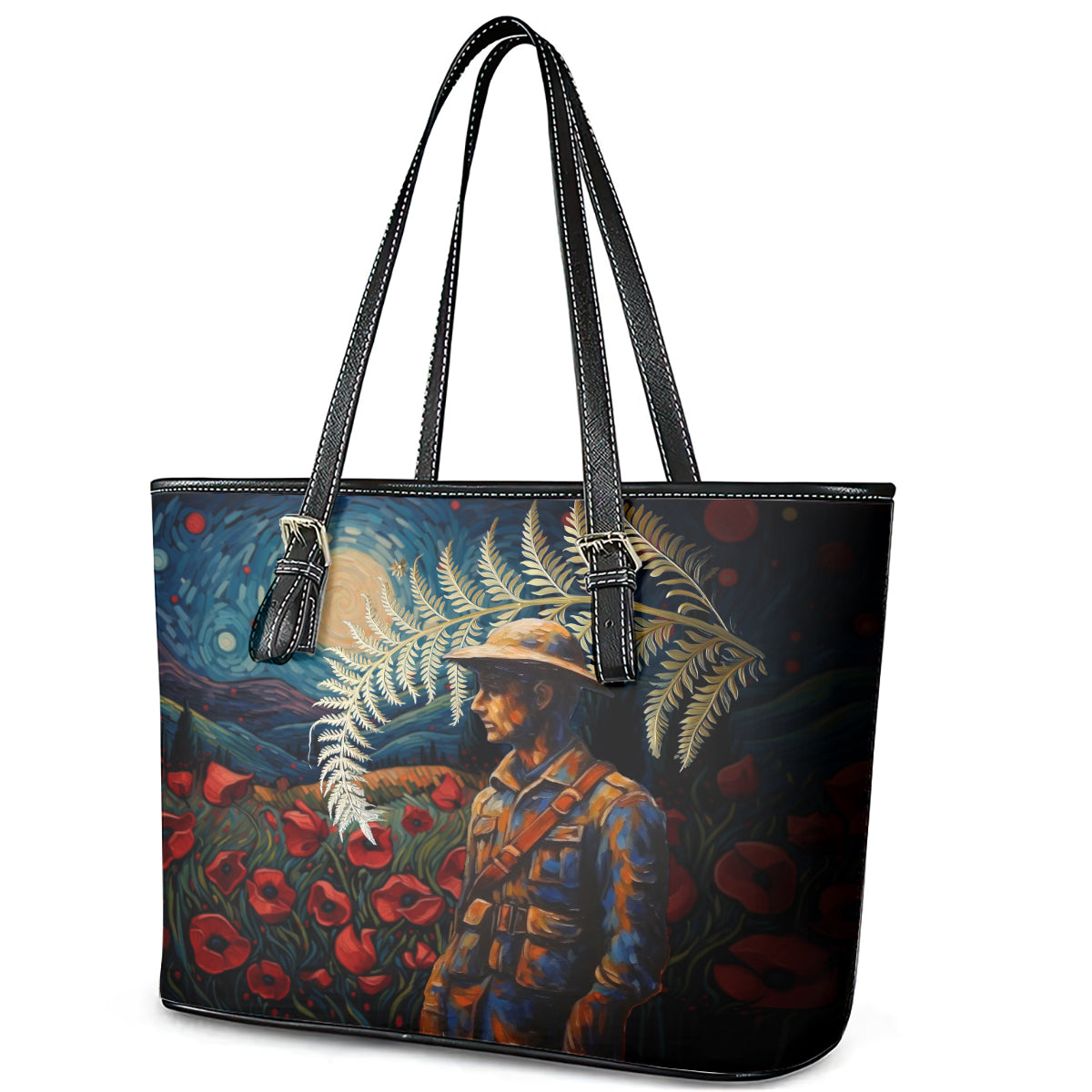 New Zealand Soldier ANZAC Day Leather Tote Bag Silver Fern Starry Night Style