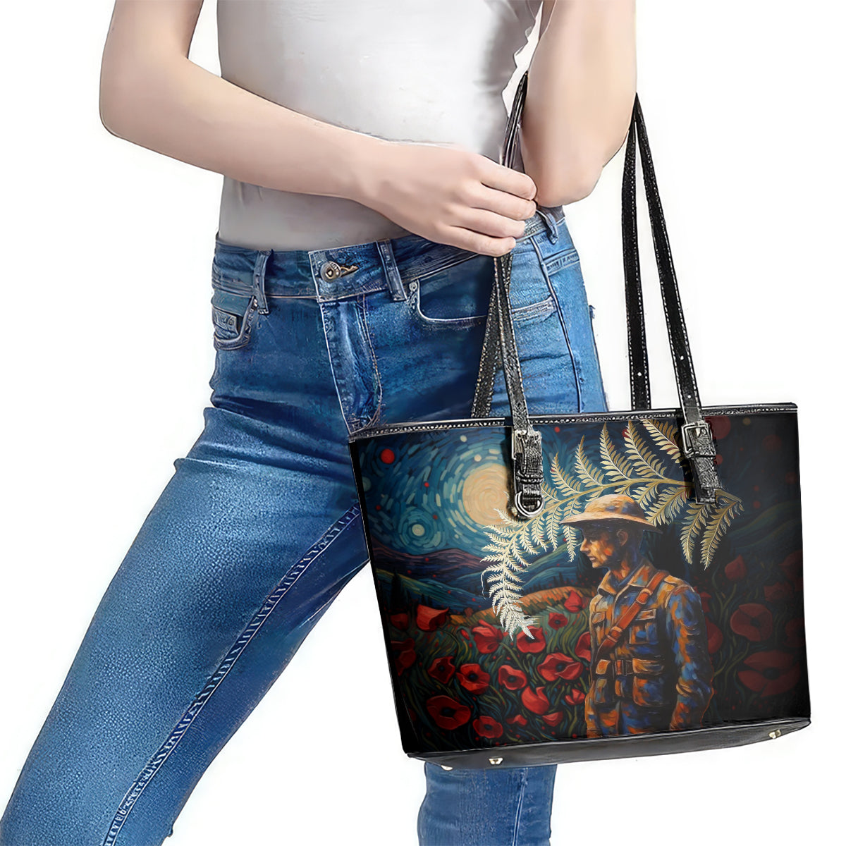 New Zealand Soldier ANZAC Day Leather Tote Bag Silver Fern Starry Night Style