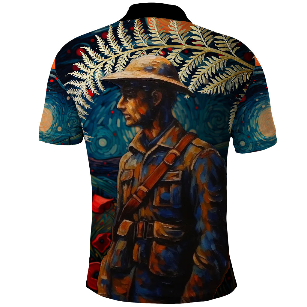 New Zealand Soldier ANZAC Day Polo Shirt Silver Fern Starry Night Style