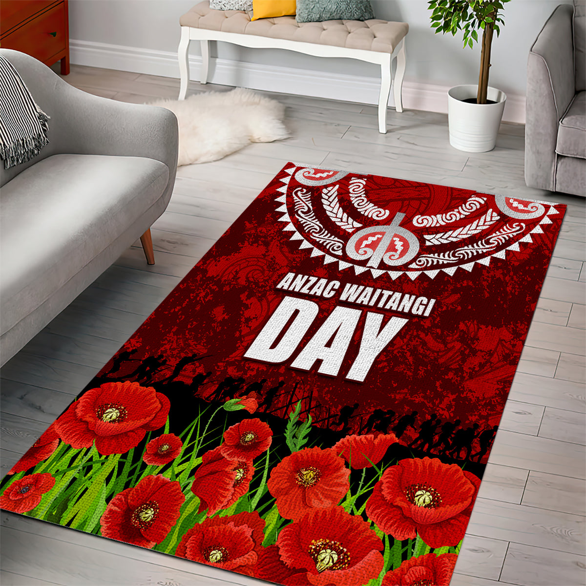 New Zealand ANZAC Waitangi Day Area Rug Hei Tiki and Soldier