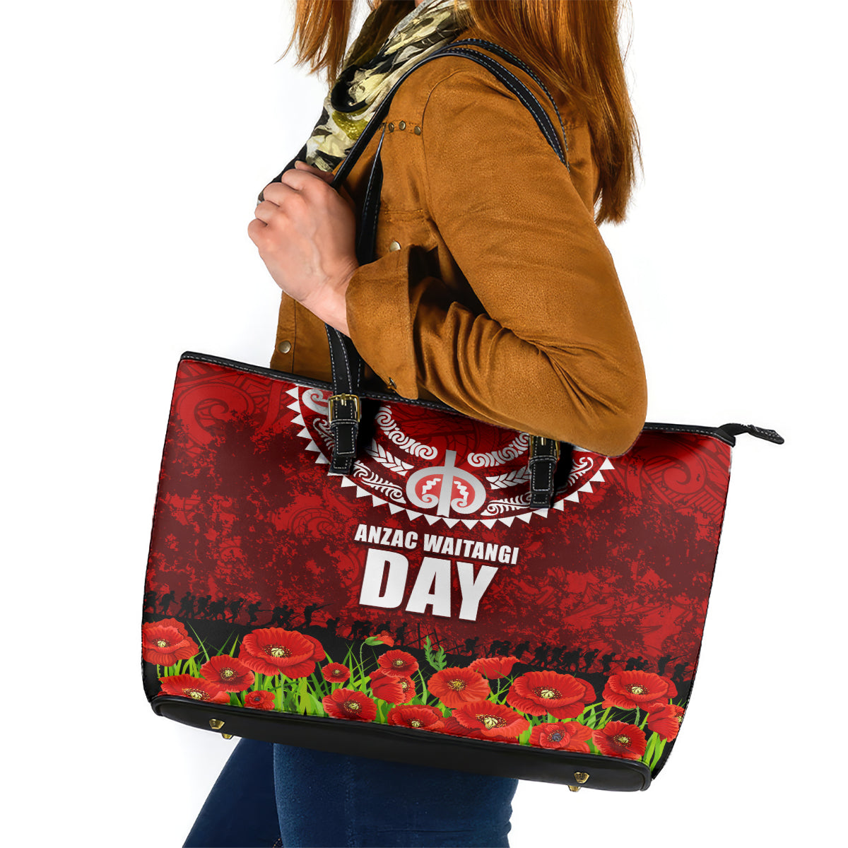 New Zealand ANZAC Waitangi Day Leather Tote Bag Hei Tiki and Soldier