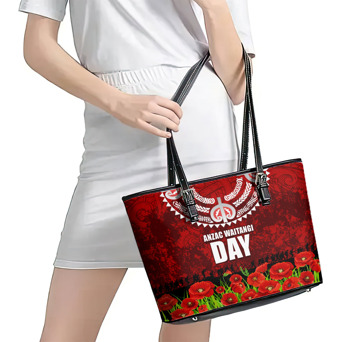 New Zealand ANZAC Waitangi Day Leather Tote Bag Hei Tiki and Soldier