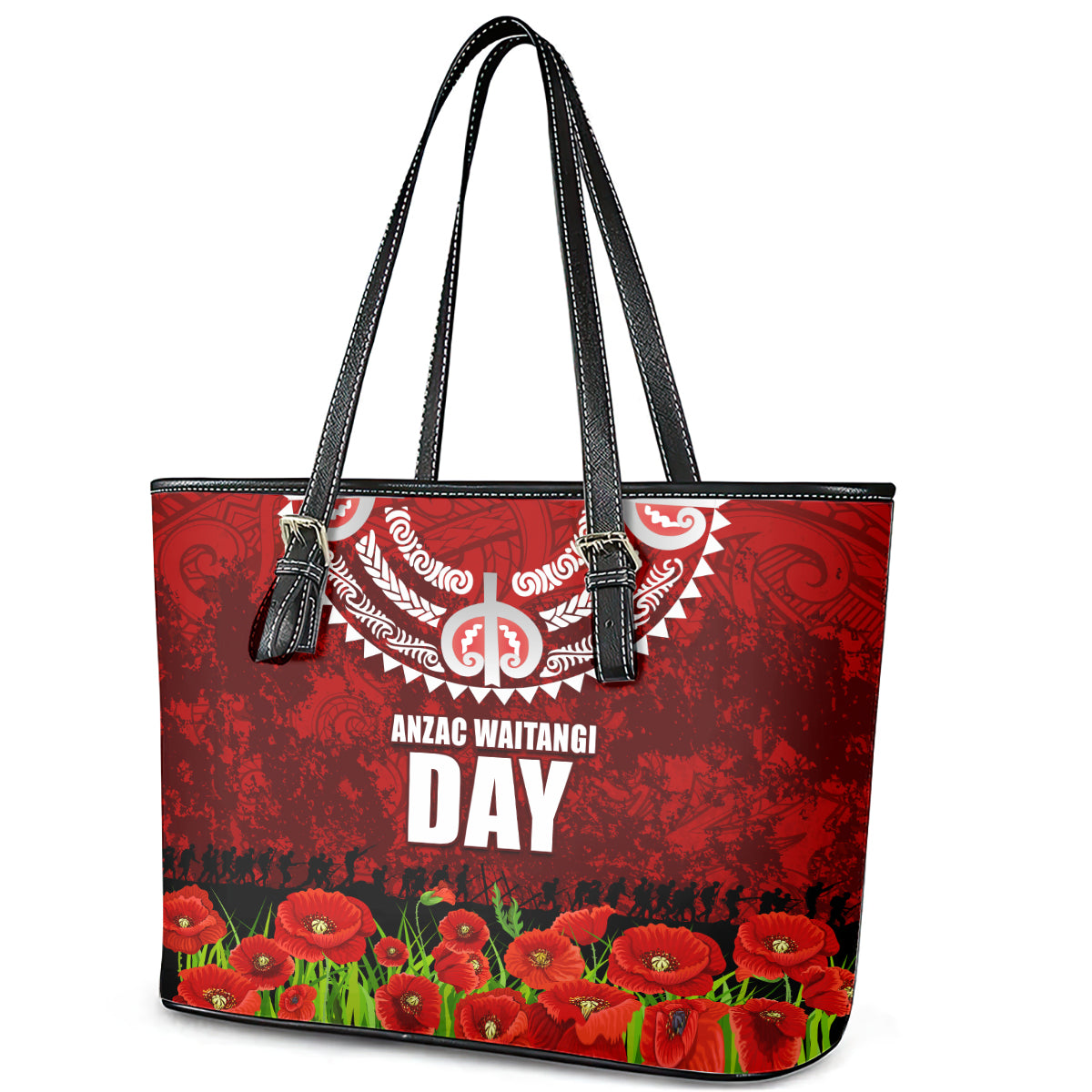 New Zealand ANZAC Waitangi Day Leather Tote Bag Hei Tiki and Soldier