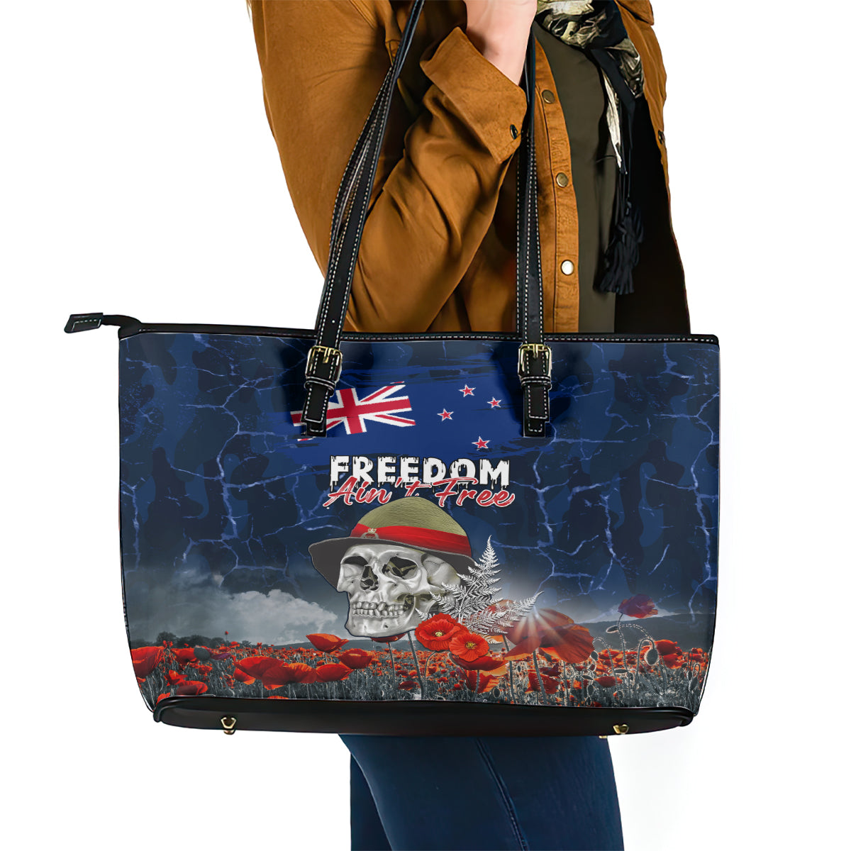 New Zealand ANZAC Day Leather Tote Bag Freedom Ain't Free