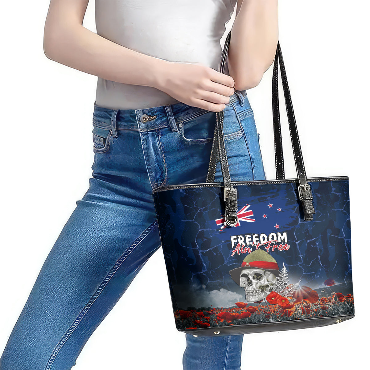 New Zealand ANZAC Day Leather Tote Bag Freedom Ain't Free