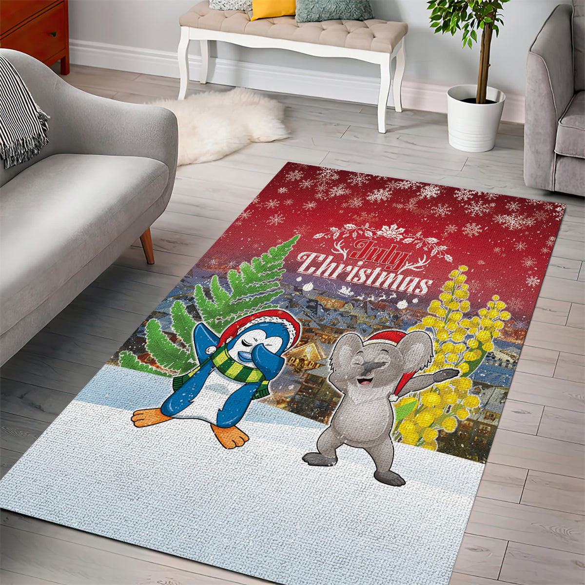 Christmas In July Area Rug Funny Dabbing Dance Koala And Blue Penguins