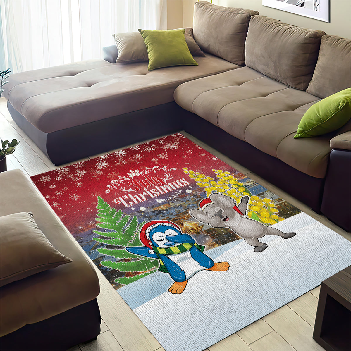 Christmas In July Area Rug Funny Dabbing Dance Koala And Blue Penguins