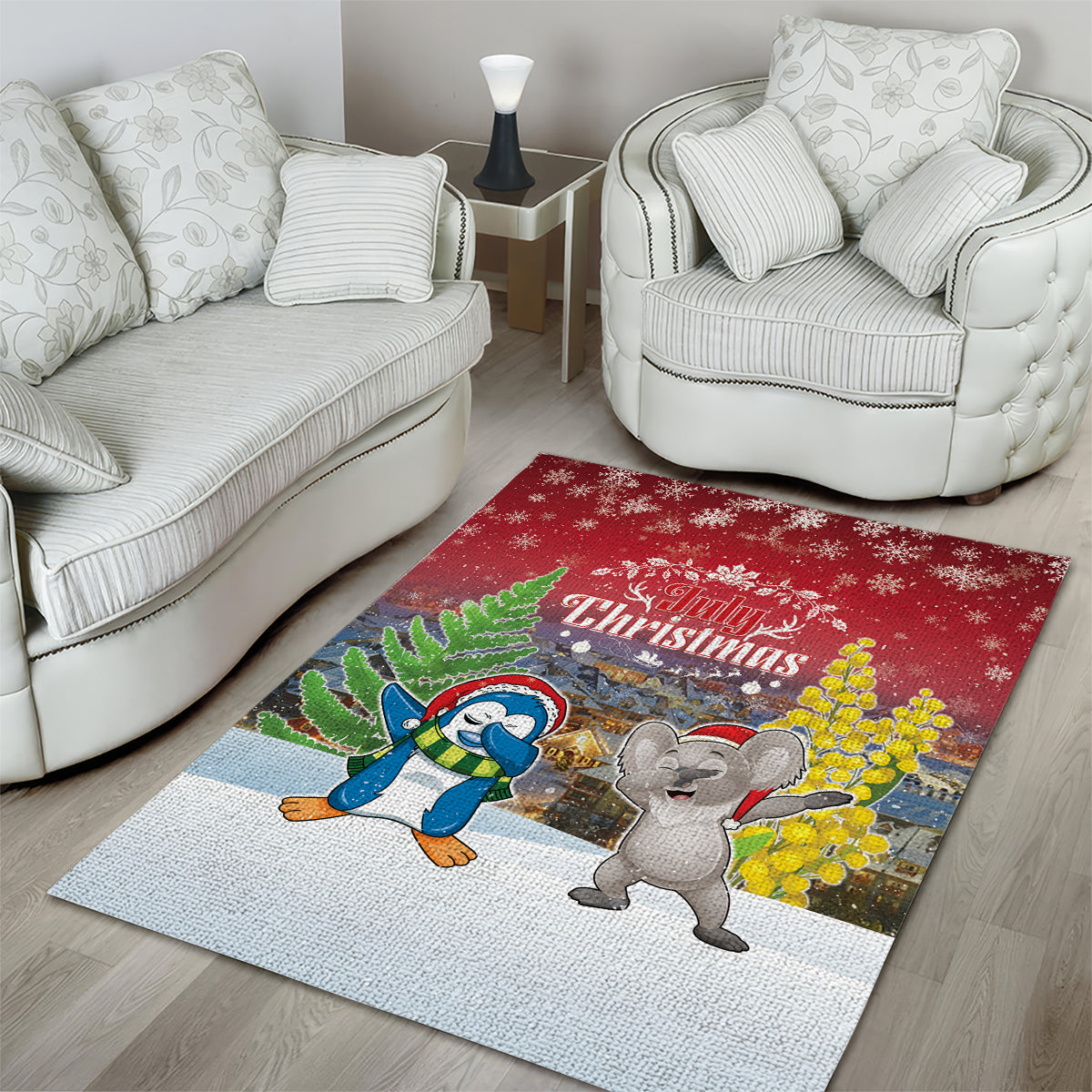 Christmas In July Area Rug Funny Dabbing Dance Koala And Blue Penguins