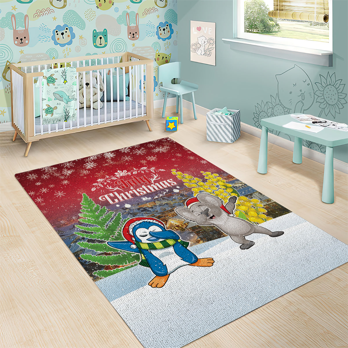 Christmas In July Area Rug Funny Dabbing Dance Koala And Blue Penguins