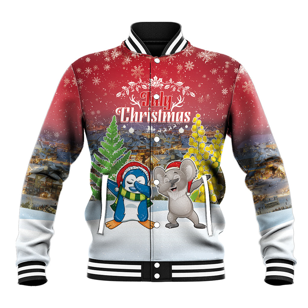 Personalised Christmas In July Baseball Jacket Funny Dabbing Dance Koala And Blue Penguins