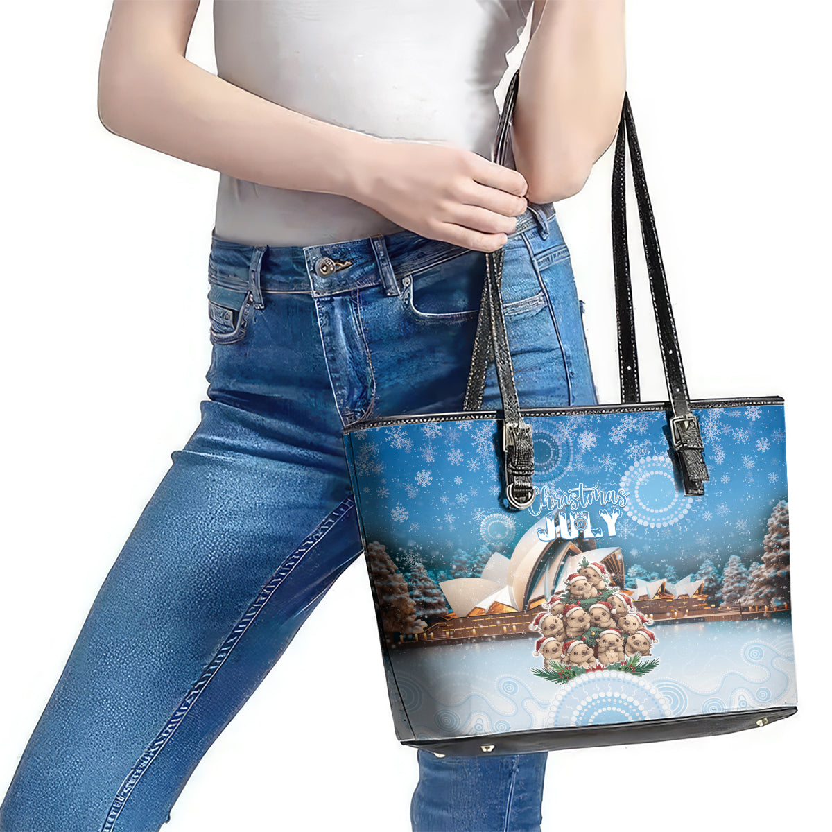 Australia Yulefest Leather Tote Bag Cute Wombat Sydney Opera House