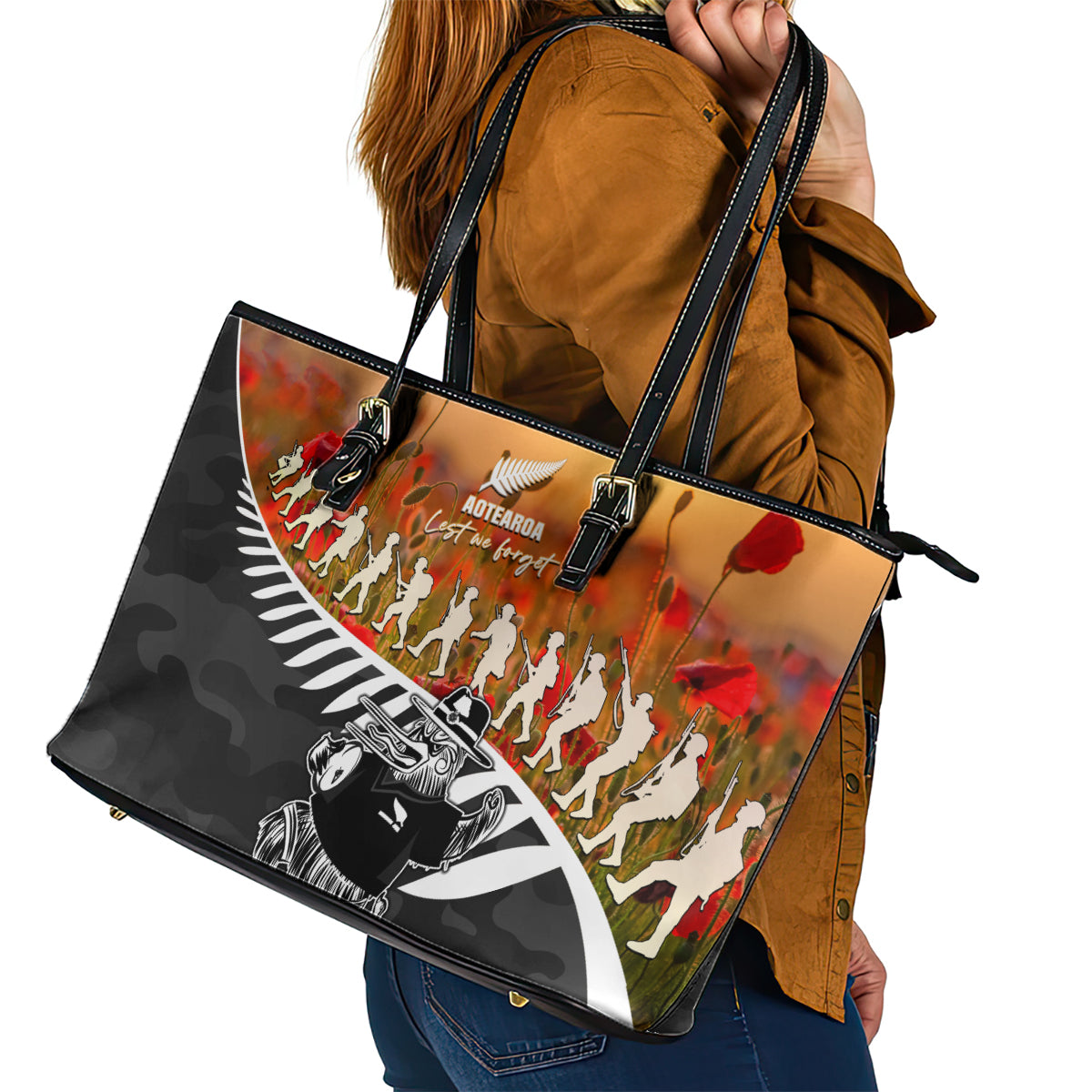 New Zealand ANZAC Rugby Leather Tote Bag Soldier Fern With Kiwi Bird