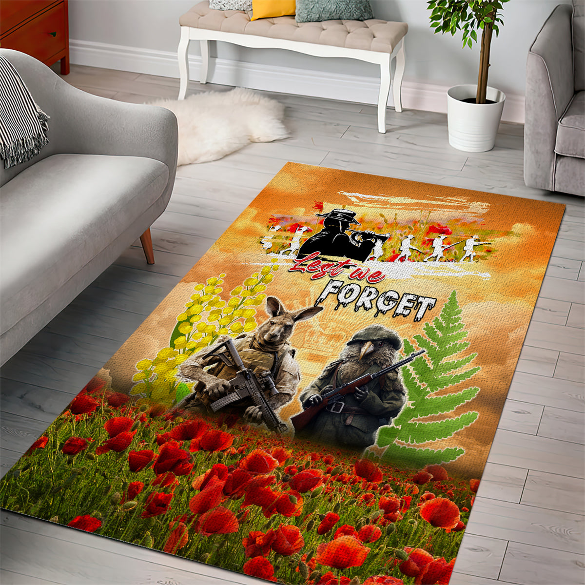 Australia And New Zealand ANZAC Day Area Rug Kangaroo And Kiwi Bird Soldiers Lest We Forget