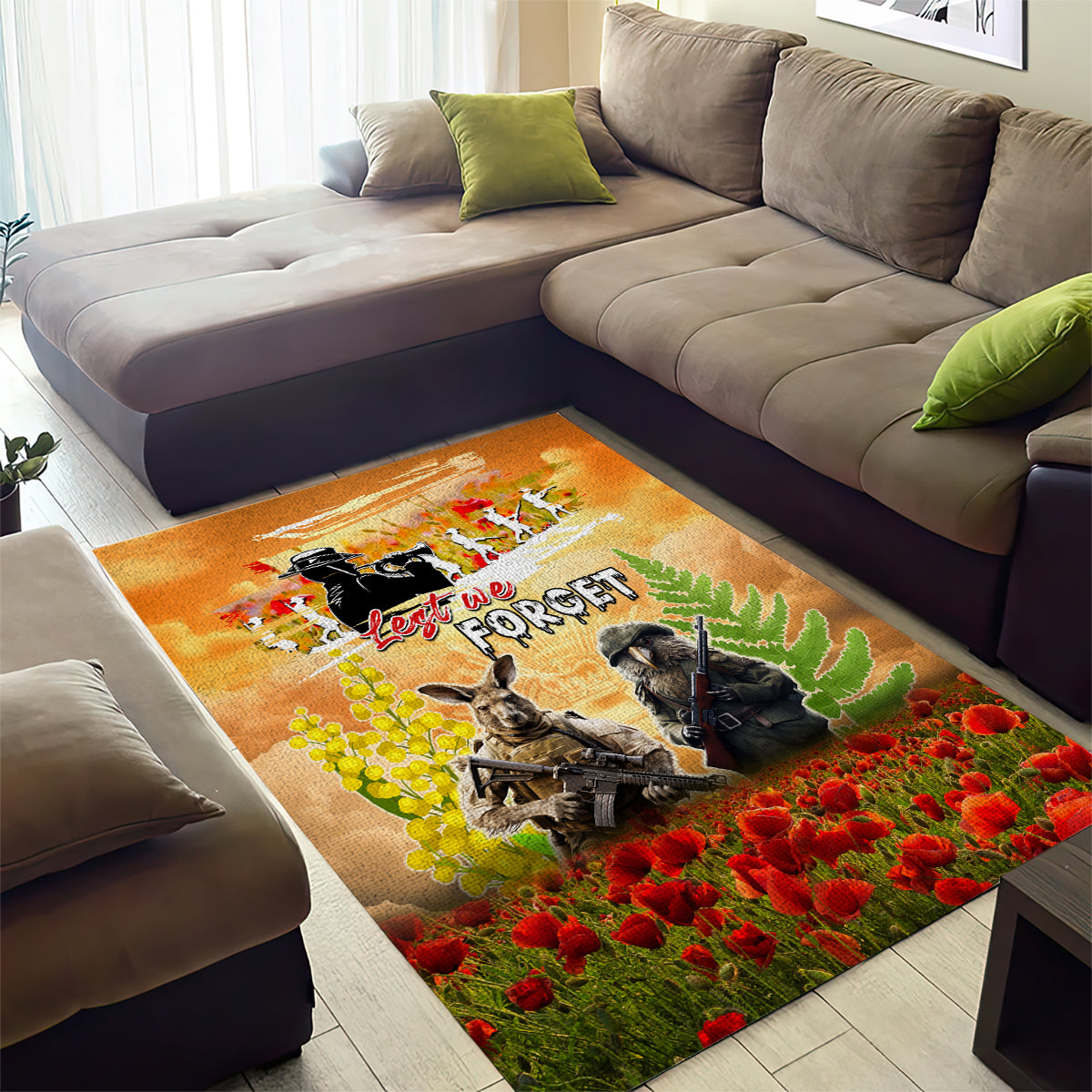 Australia And New Zealand ANZAC Day Area Rug Kangaroo And Kiwi Bird Soldiers Lest We Forget