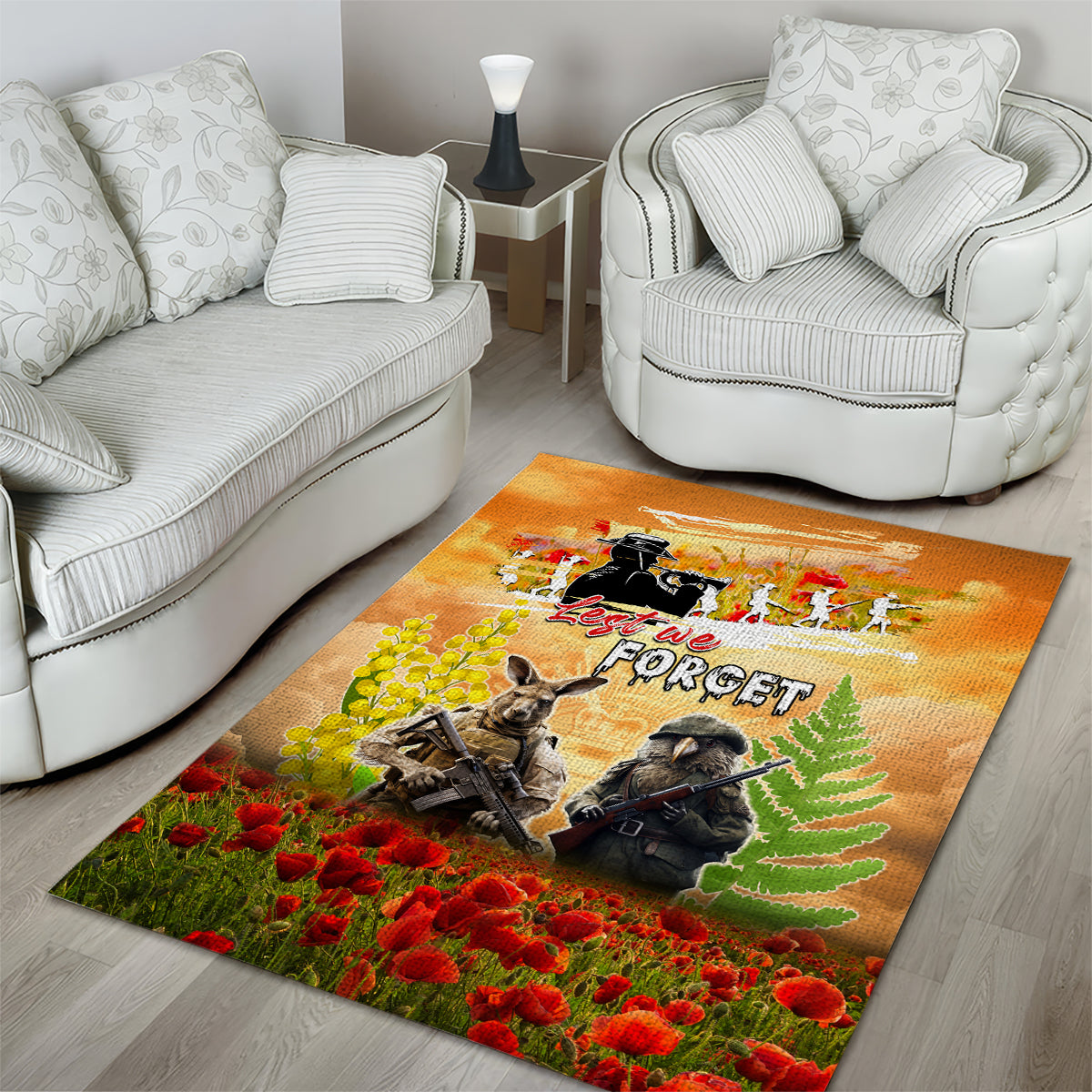 Australia And New Zealand ANZAC Day Area Rug Kangaroo And Kiwi Bird Soldiers Lest We Forget