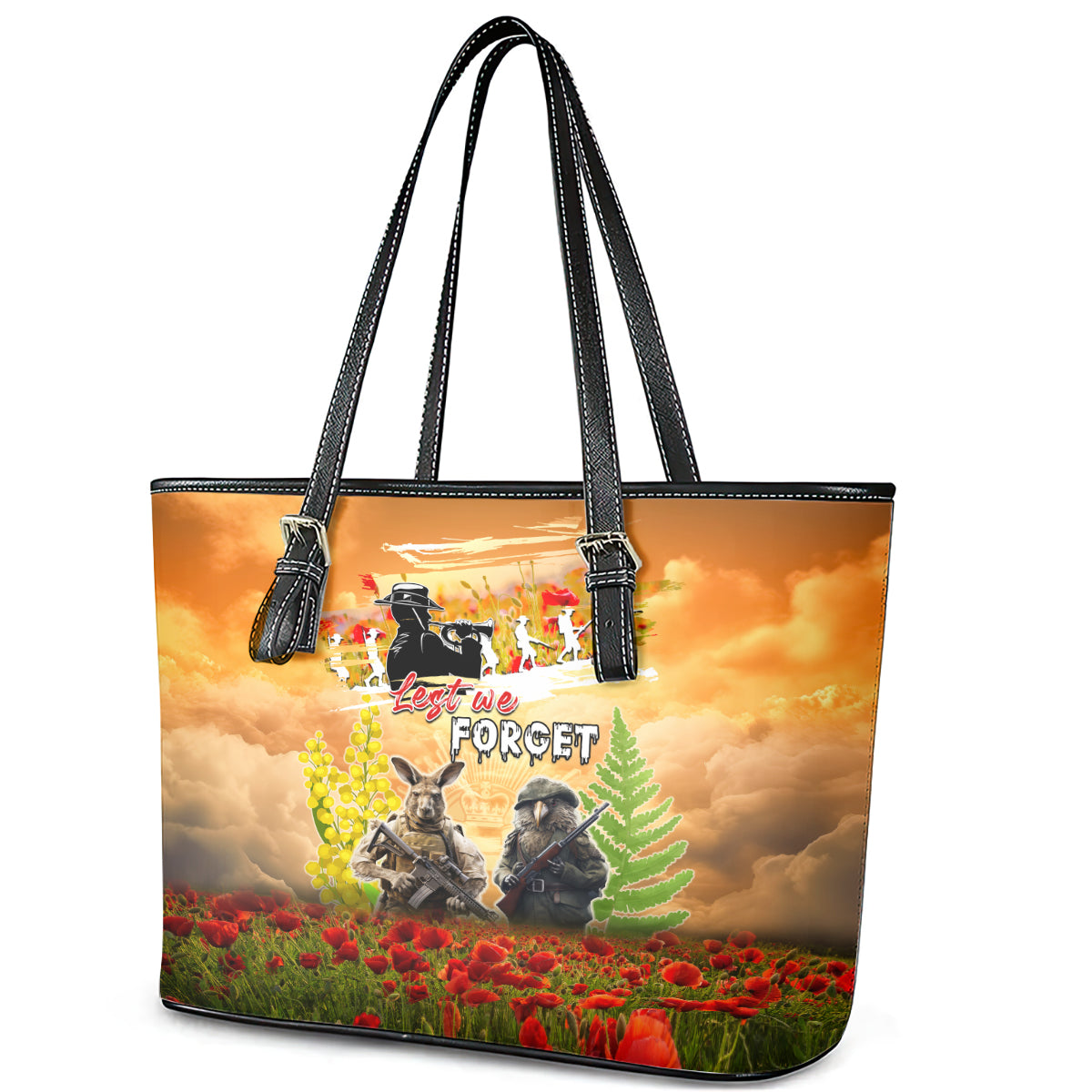 Australia And New Zealand ANZAC Day Leather Tote Bag Kangaroo And Kiwi Bird Soldiers Lest We Forget