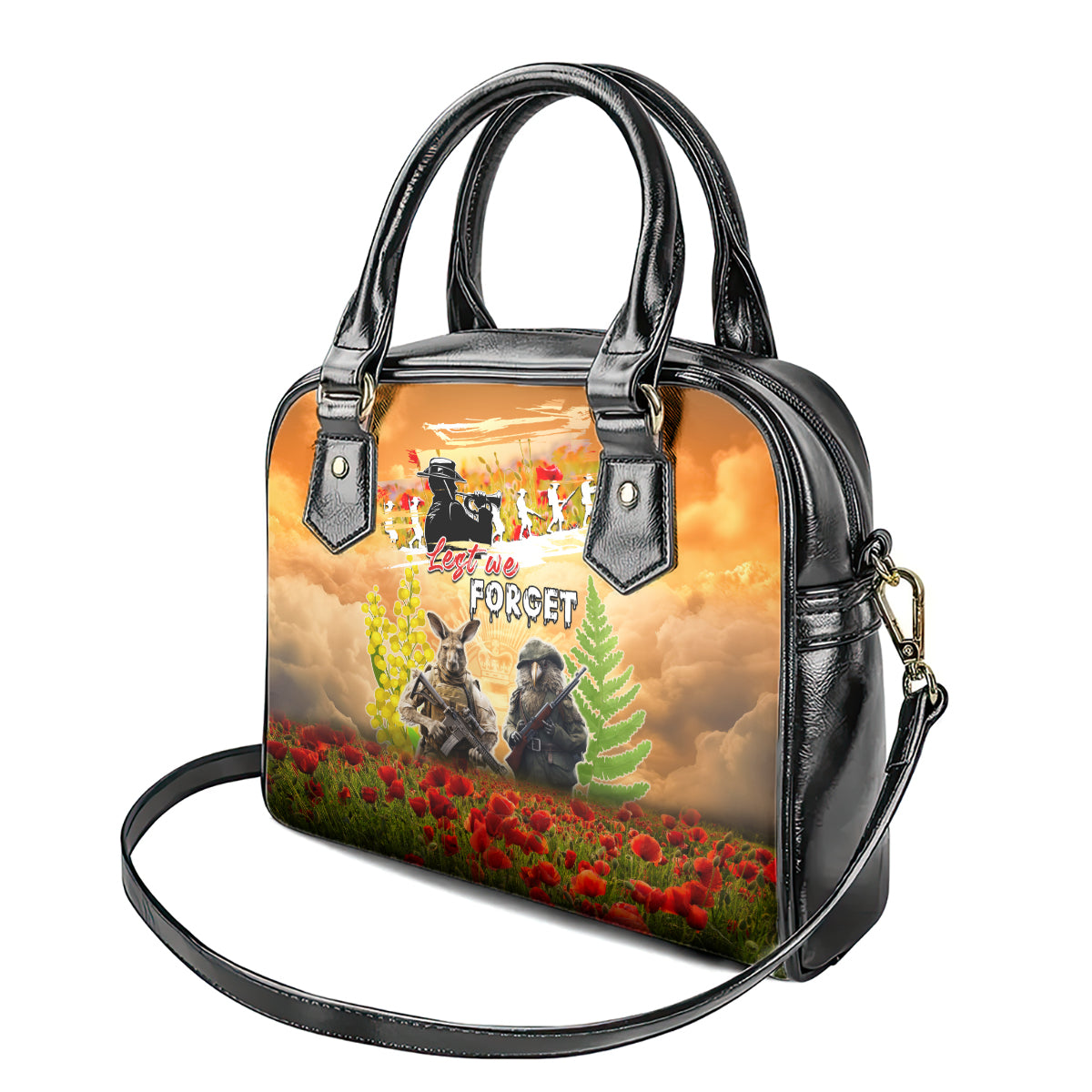 Australia And New Zealand ANZAC Day Shoulder Handbag Kangaroo And Kiwi Bird Soldiers Lest We Forget