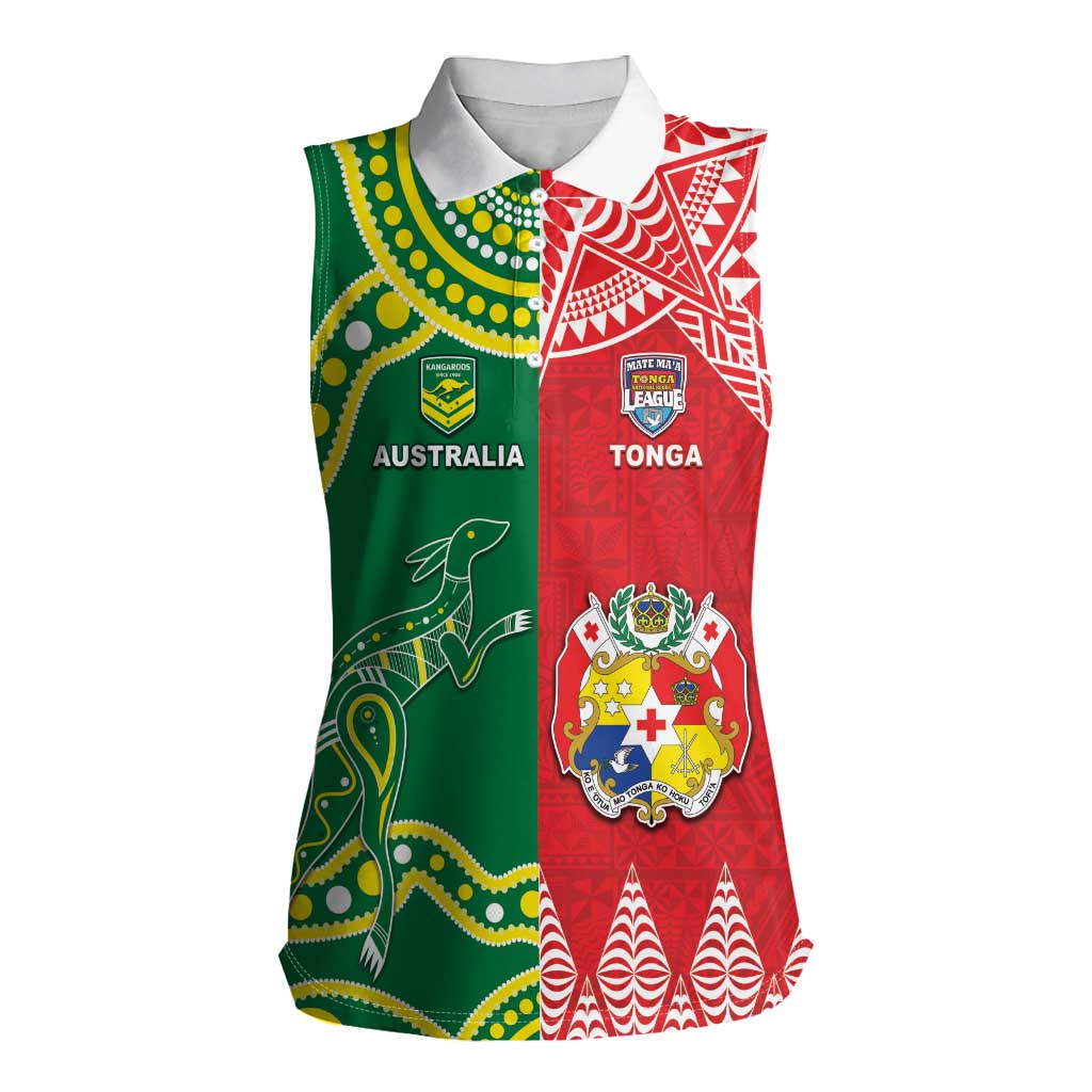 Custom Tonga XIII And Australia Kangaroos Women Sleeveless Polo Shirt Mate Maa Tongan Ngatu With Aboriginal