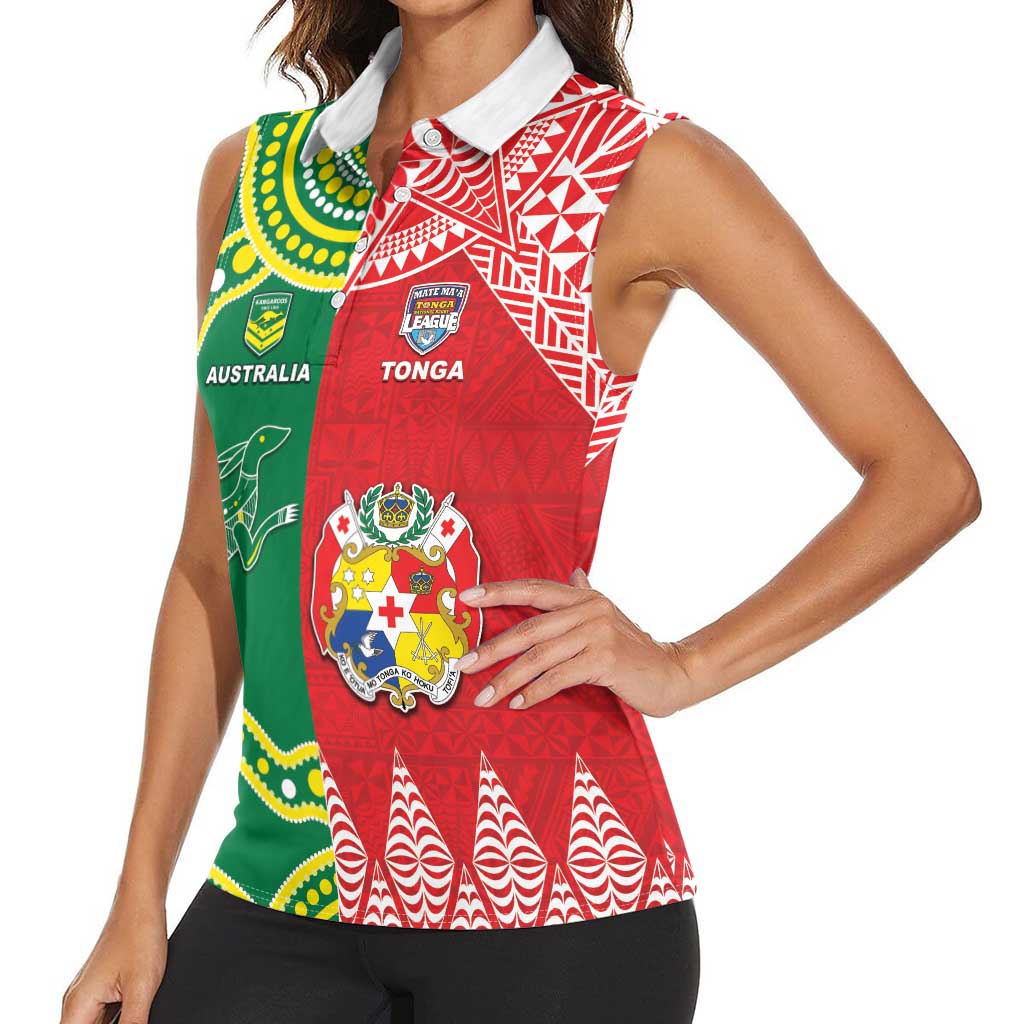 Custom Tonga XIII And Australia Kangaroos Women Sleeveless Polo Shirt Mate Maa Tongan Ngatu With Aboriginal