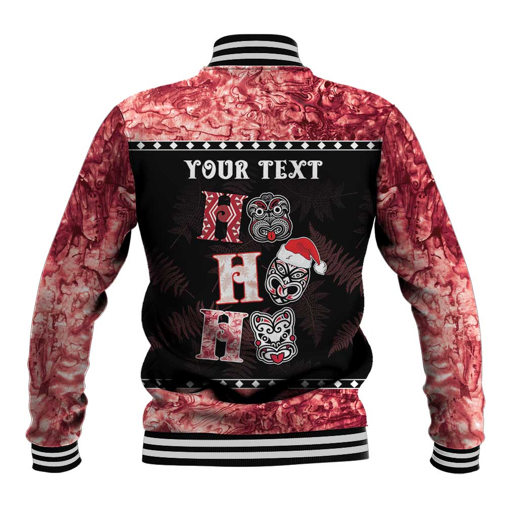 Personalised New Zealand Tiki Christmas Baseball Jacket Ho Ho Ho Paua Shell Glitter Red