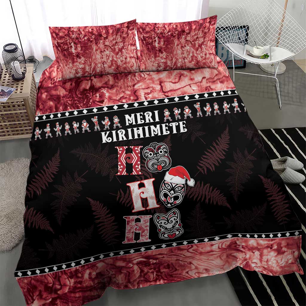 New Zealand Tiki Christmas Bedding Set Ho Ho Ho Paua Shell Glitter Red