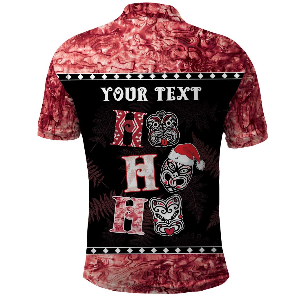 Personalised New Zealand Tiki Christmas Polo Shirt Ho Ho Ho Paua Shell Glitter Red