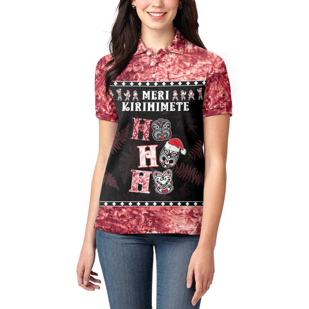 Personalised New Zealand Tiki Christmas Women Polo Shirt Ho Ho Ho Paua Shell Glitter Red