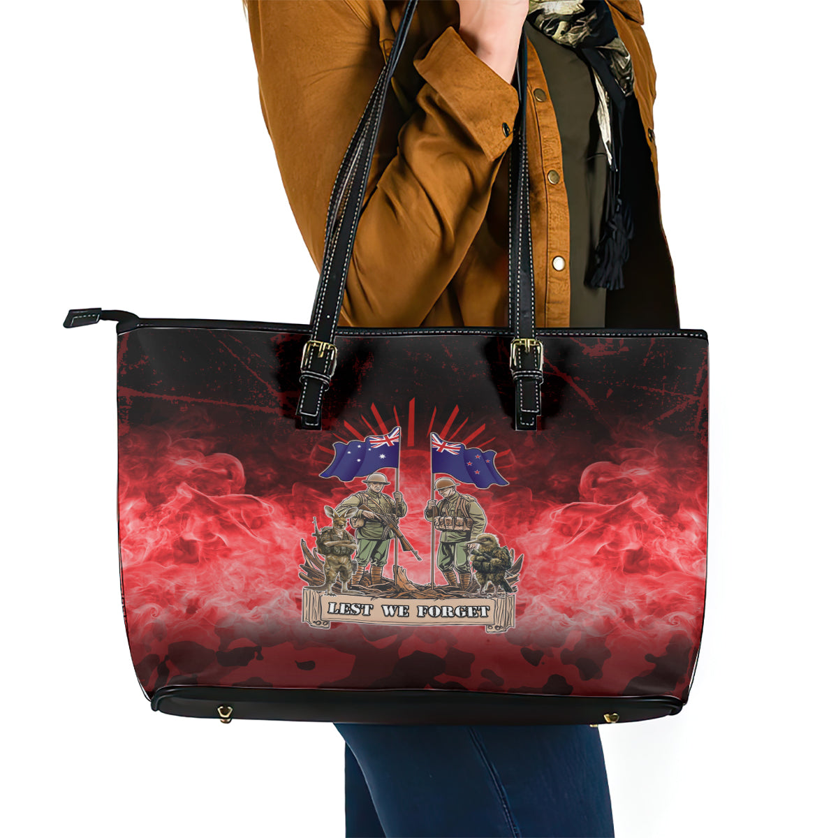 Australia And New Zealand ANZAC Day Leather Tote Bag Soldiers Lest We Forget