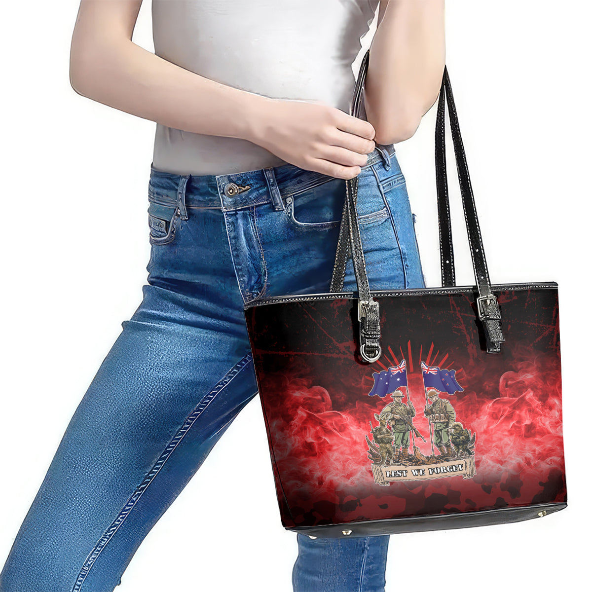 Australia And New Zealand ANZAC Day Leather Tote Bag Soldiers Lest We Forget