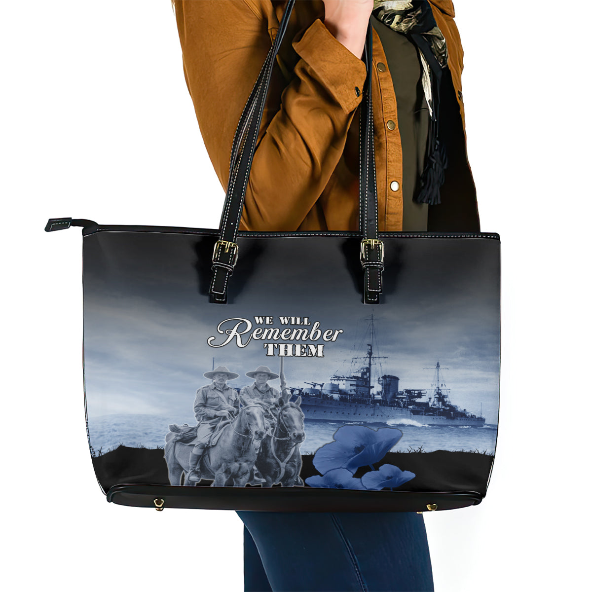 New Zealand ANZAC Day Leather Tote Bag HMNZS Achilles We Will Remember Them