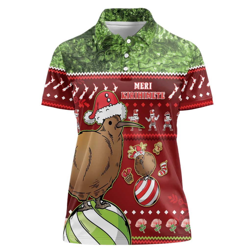 New Zealand Kiwi Christmas Women Polo Shirt Paua Shell Glitter Green