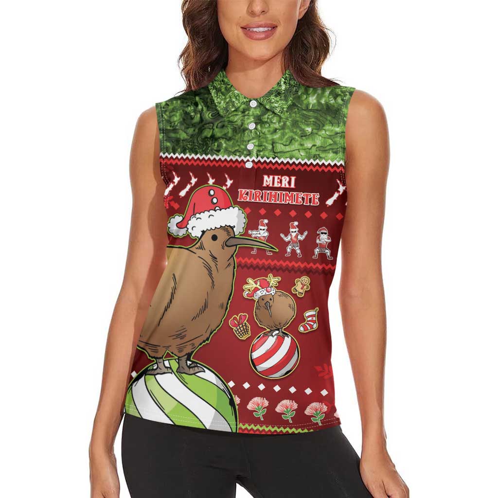 New Zealand Kiwi Christmas Women Sleeveless Polo Shirt Paua Shell Glitter Green