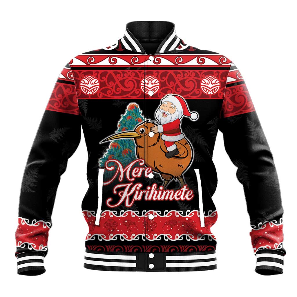 New Zealand Christmas Baseball Jacket Funny Santa Riding Kiwi Meri Kirihimete