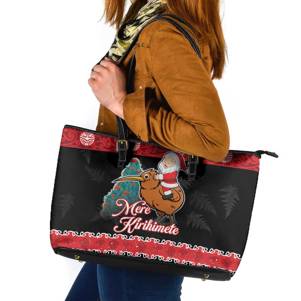 New Zealand Christmas Leather Tote Bag Funny Santa Riding Kiwi Meri Kirihimete