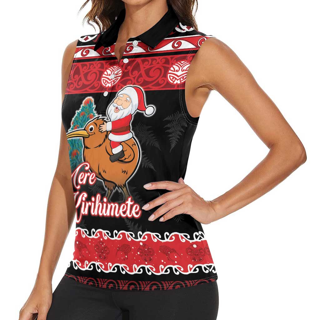 New Zealand Christmas Women Sleeveless Polo Shirt Funny Santa Riding Kiwi Meri Kirihimete