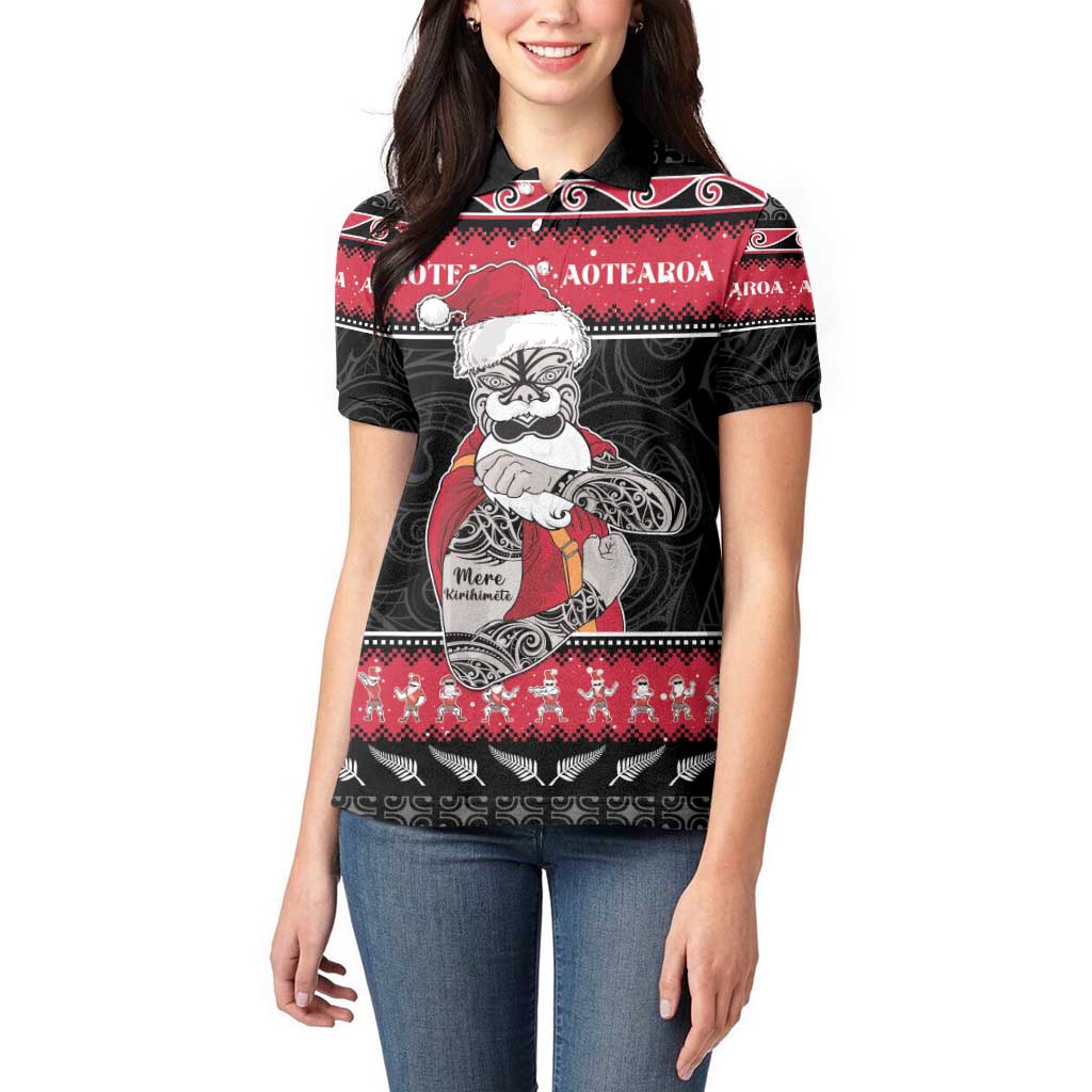 New Zealand Santa Tiki Christmas Women Polo Shirt Meri Kirihimete