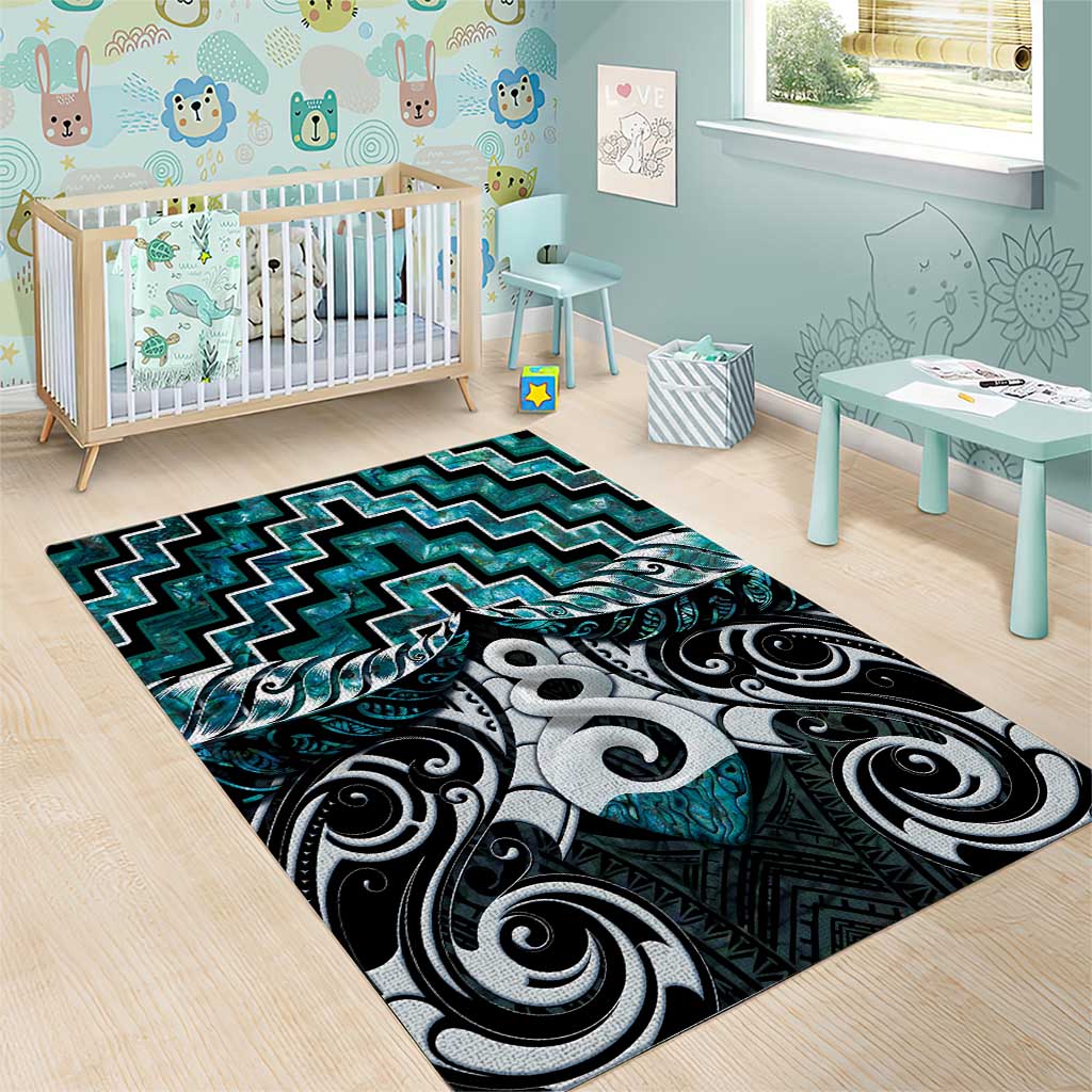 New Zealand Maori Area Rug Poutama Pikorua Turquoise Paua Shell