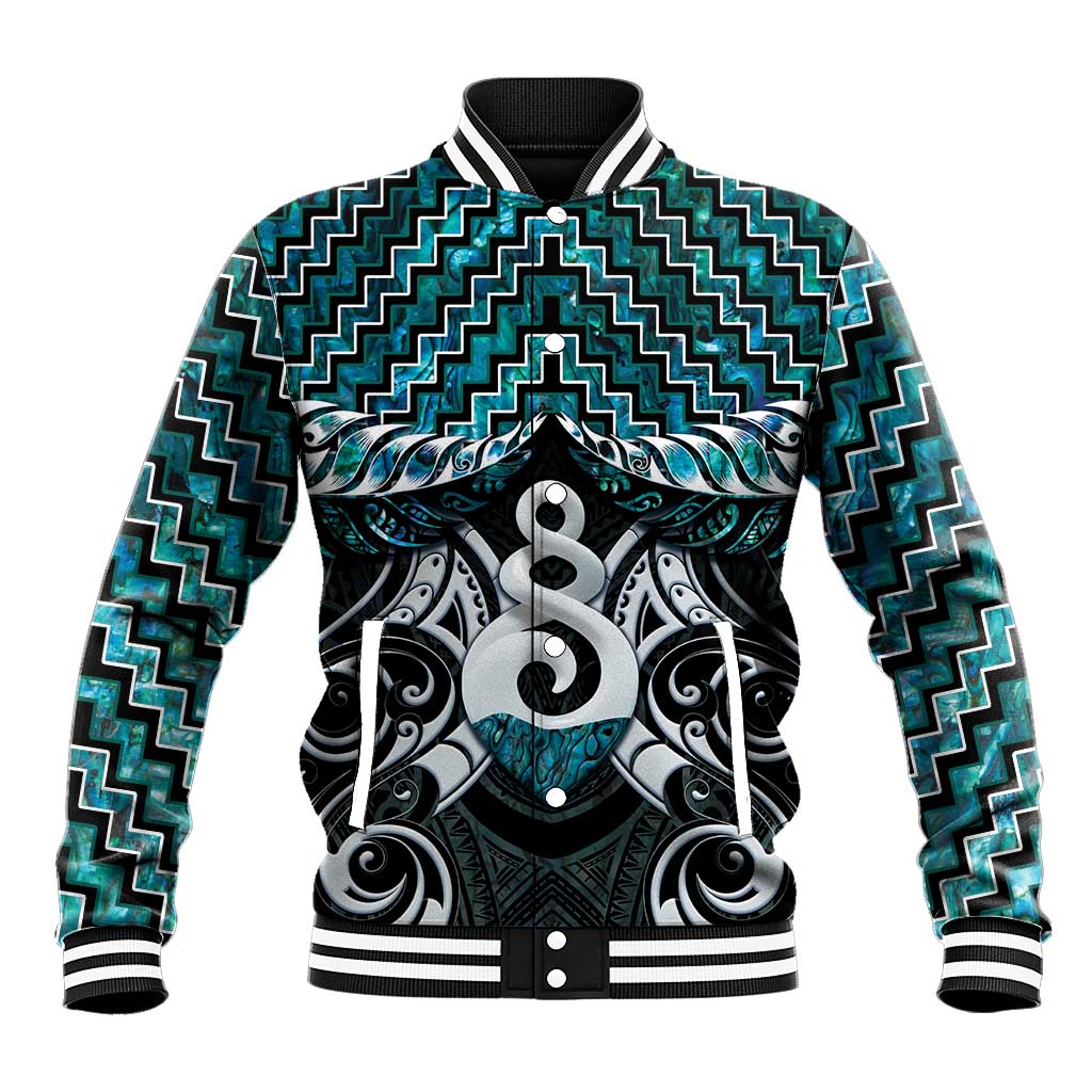 New Zealand Maori Baseball Jacket Poutama Pikorua Turquoise Paua Shell