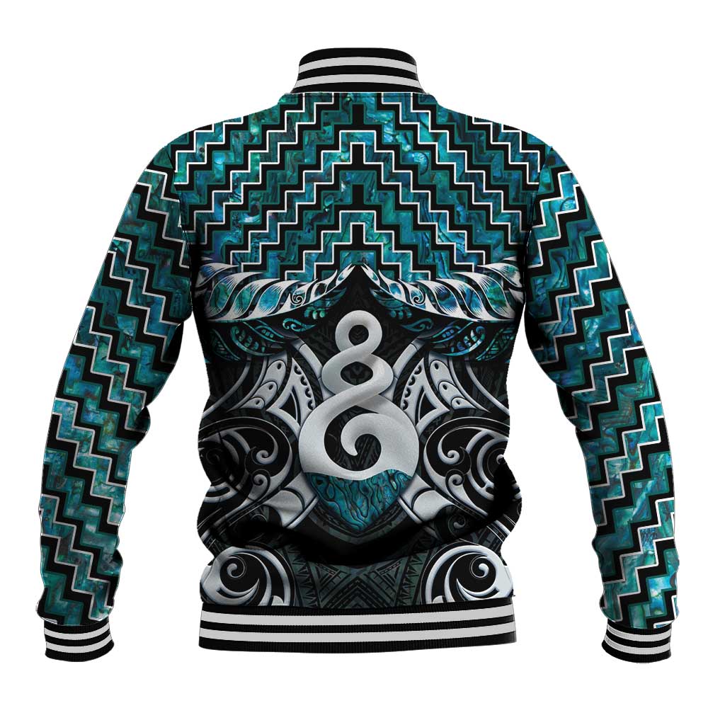 New Zealand Maori Baseball Jacket Poutama Pikorua Turquoise Paua Shell