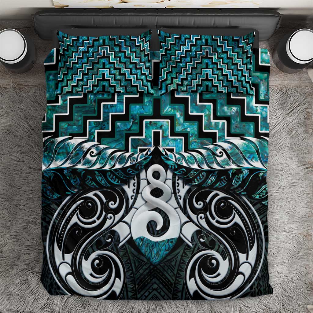 New Zealand Maori Bedding Set Poutama Pikorua Turquoise Paua Shell