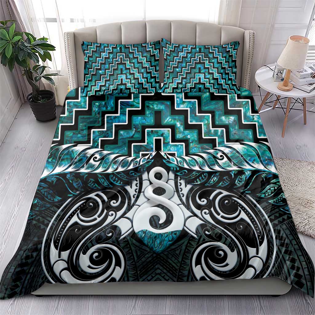 New Zealand Maori Bedding Set Poutama Pikorua Turquoise Paua Shell